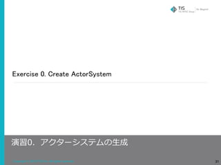 Copyright © 2018 TIS Inc. All rights reserved.
Exercise 0. Create ActorSystem
31
演習0．アクターシステムの⽣成
 