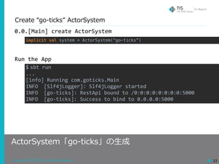 Copyright © 2018 TIS Inc. All rights reserved. 33
Create “go-ticks” ActorSystem
ActorSystem「go-ticks」の⽣成
0.0.[Main]	create	ActorSystem	
Run	the	App
implicit val system = ActorSystem(“go-ticks”)
$ sbt	run	
...	
[info]	Running	com.goticks.Main	
INFO		[Slf4jLogger]:	Slf4jLogger	started	
INFO		[go-ticks]:	RestApi	bound	to	/0:0:0:0:0:0:0:0:5000	
INFO		[go-ticks]:	Success	to	bind	to	0.0.0.0:5000
 
