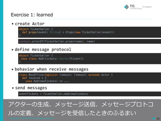 Copyright © 2018 TIS Inc. All rights reserved. 42
Exercise 1: learned
アクターの⽣成、メッセージ送信、メッセージプロトコ
ルの定義、メッセージを受信したときのふるまい
• create	Actor
• send	messages
• behavior	when	receive	messages
• define	message	protocol
context.actorOf(TicketSeller.props(name), name)
eventTickets ! TicketSeller.Add(newTickets)
object TicketSeller {
case class Add(tickets: Vector[Ticket])
}
class BoxOffice(implicit timeout: Timeout) extends Actor {
def receive = {
case Add(newTickets) => ...
object TicketSeller {
def props(event: String) = Props(new TicketSeller(event))
}
 