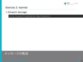 Copyright © 2018 TIS Inc. All rights reserved. 49
Exercise 2: learned
メッセージの転送
• forward	message
child.forward(TicketSeller.Buy(tickets))
 