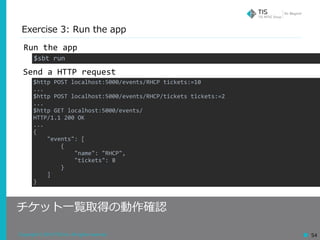 Copyright © 2018 TIS Inc. All rights reserved. 54
Exercise 3: Run the app
チケット⼀覧取得の動作確認
$sbt	run
$http	POST	localhost:5000/events/RHCP	tickets:=10	
...	
$http	POST	localhost:5000/events/RHCP/tickets	tickets:=2	
...	
$http	GET	localhost:5000/events/	
HTTP/1.1	200	OK	
...	
{	
				"events":	[	
								{	
												"name":	"RHCP",	
												"tickets":	8	
								}	
				]	
}
Run	the	app
Send	a	HTTP	request
 