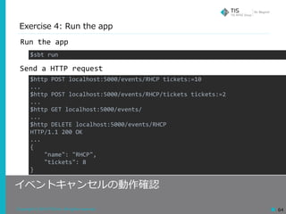 Copyright © 2018 TIS Inc. All rights reserved. 64
Exercise 4: Run the app
$sbt	run
$http	POST	localhost:5000/events/RHCP	tickets:=10	
...	
$http	POST	localhost:5000/events/RHCP/tickets	tickets:=2	
...	
$http	GET	localhost:5000/events/	
...	
$http	DELETE	localhost:5000/events/RHCP	
HTTP/1.1	200	OK	
...	
{	
				"name":	"RHCP",	
				"tickets":	8	
}
Run	the	app
Send	a	HTTP	request
イベントキャンセルの動作確認
 