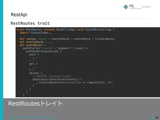 Copyright © 2018 TIS Inc. All rights reserved. 66
RestApi
RestRoutes	trait
trait RestRoutes extends BoxOfficeApi with EventMarshalling {
import StatusCodes._
def routes: Route = eventsRoute ~ eventRoute ~ ticketsRoute
def eventsRoute = ...
def eventRoute =
pathPrefix("events" / Segment) { event =>
pathEndOrSingleSlash {
post {
...
} ~
get {
...
} ~
delete {
// DELETE /events/:event
onSuccess(cancelEvent(event)) {
_.fold(complete(NotFound))(e => complete(OK, e))
}
}
}
}
RestRoutesトレイト
 