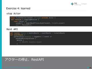 Copyright © 2018 TIS Inc. All rights reserved. 68
Exercise 4: learned
アクターの停⽌、RestAPI
stop	Actor
Rest	API
class TicketSeller(event: String) extends Actor {
def receive = LoggingReceive {
case Cancel =>
sender() ! Some(BoxOffice.Event(event, tickets.size))
self ! PoisonPill
def routes: Route = eventsRoute ~ eventRoute ~ ticketsRoute
def eventRoute =
pathPrefix("events" / Segment) { event =>
pathEndOrSingleSlash {
delete {
// DELETE /events/:event
}
 
