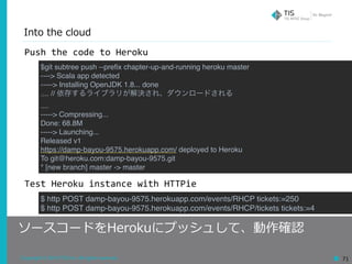 Copyright © 2018 TIS Inc. All rights reserved. 71
Into the cloud
Push	the	code	to	Heroku	
$git subtree push --preﬁx chapter-up-and-running heroku master
----> Scala app detected
-----> Installing OpenJDK 1.8... done
.... // 依存するライブラリが解決され、ダウンロードされる
....
-----> Compressing...
Done: 68.8M
-----> Launching...
Released v1
https://damp-bayou-9575.herokuapp.com/ deployed to Heroku
To git@heroku.com:damp-bayou-9575.git
* [new branch] master -> master
$ http POST damp-bayou-9575.herokuapp.com/events/RHCP tickets:=250
$ http POST damp-bayou-9575.herokuapp.com/events/RHCP/tickets tickets:=4
Test	Heroku	instance	with	HTTPie
ソースコードをHerokuにプッシュして、動作確認
 