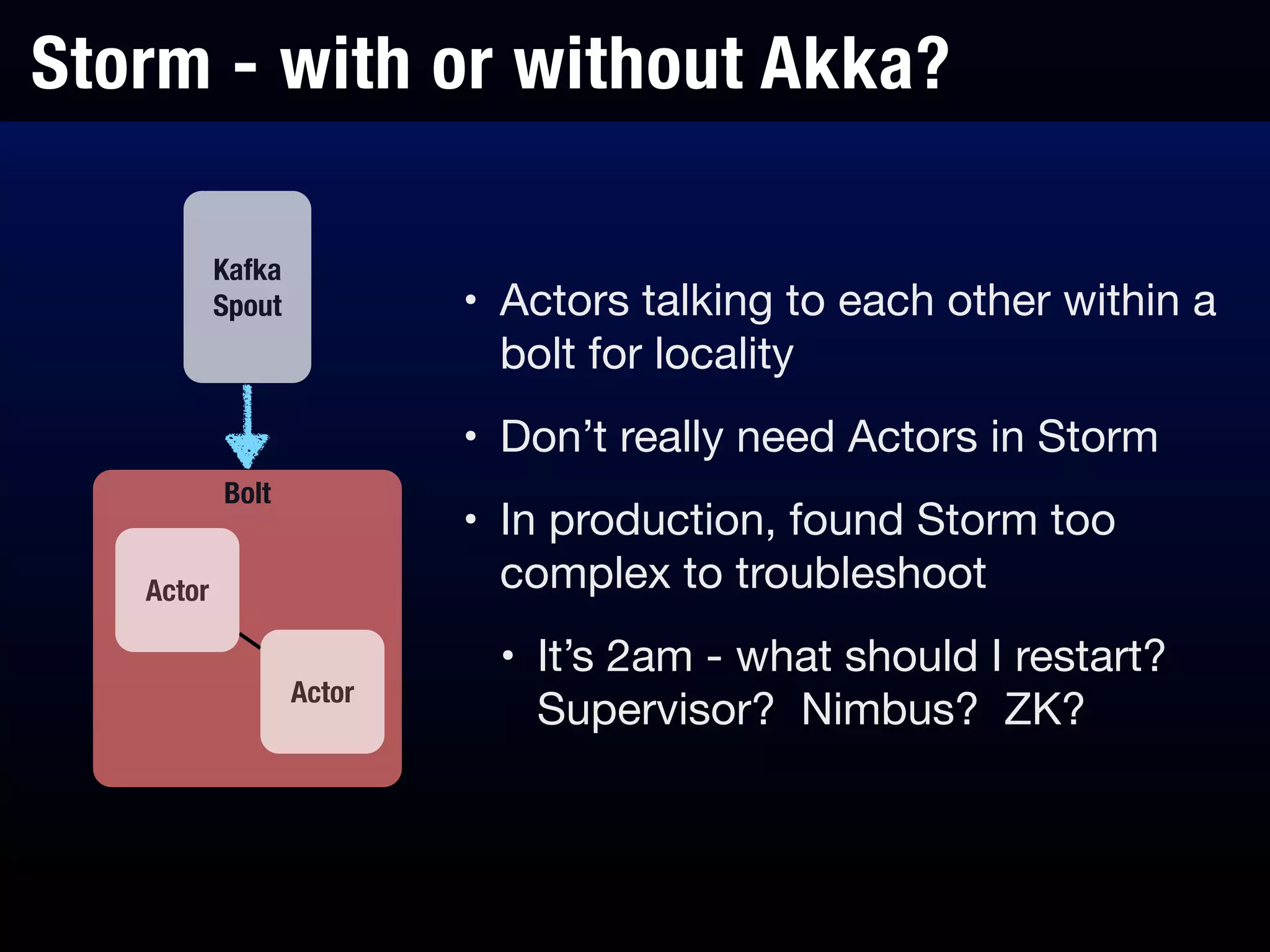 Storm - with or without Akka?
Kafka
Spout
Bolt
Actor
Actor
• Actors talking to each other within a
bolt for locality

• Don’t really need Actors in Storm

• In production, found Storm too
complex to troubleshoot

• It’s 2am - what should I restart?
Supervisor? Nimbus? ZK?
 