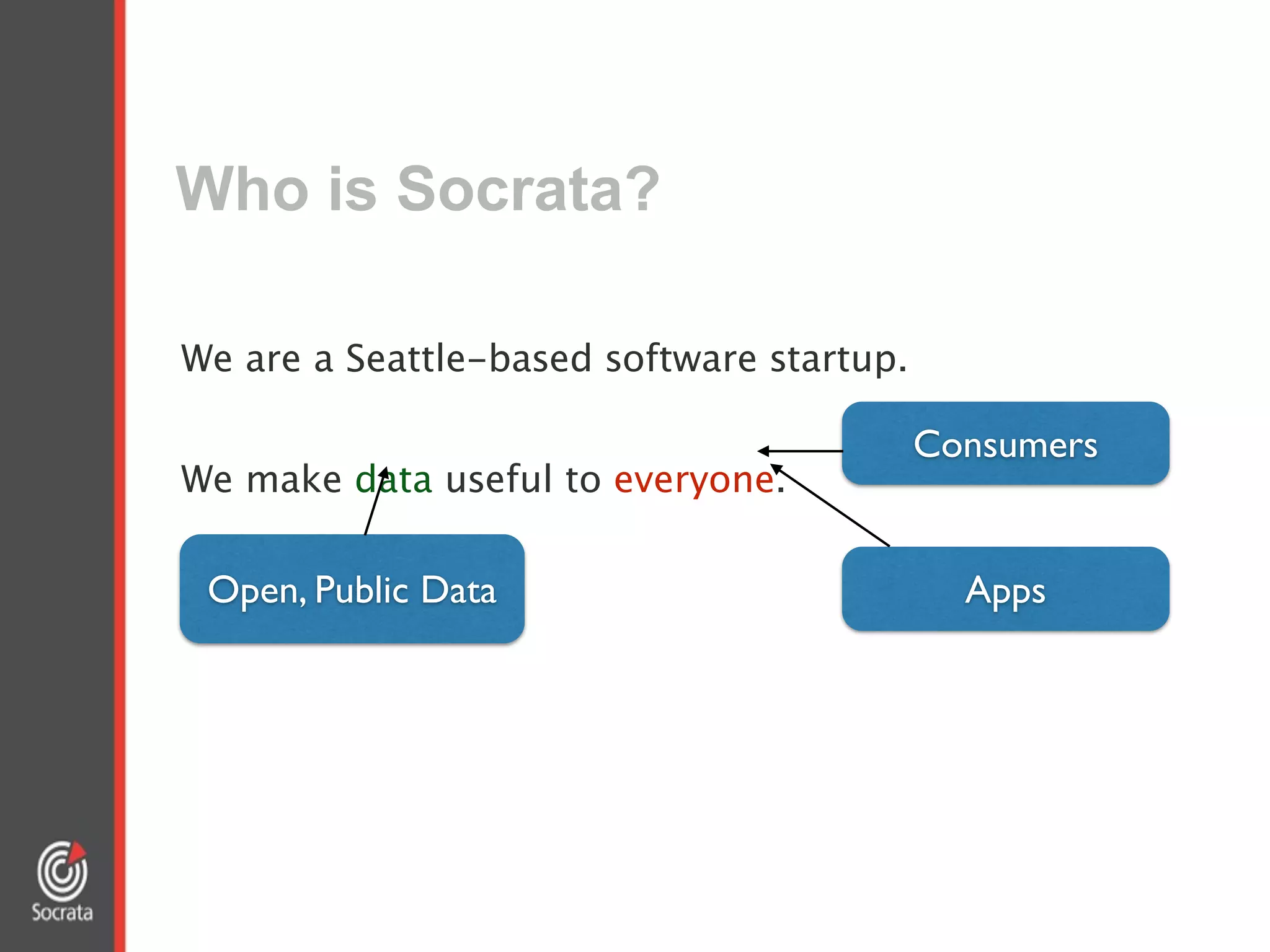 Who is Socrata?
!
We are a Seattle-based software startup. 
!
We make data useful to everyone.
Open, Public Data
Consumers
Apps
 