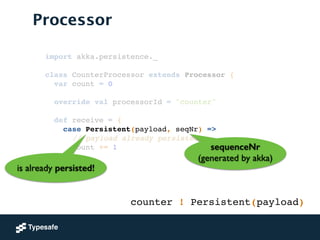 Processor
import akka.persistence._!
!
class CounterProcessor extends Processor {!
var count = 0!
 
override val processorId = "counter"!
!
def receive = {!
case Persistent(payload, seqNr) =>!
// payload already persisted!
count += 1!
}!
}
counter ! Persistent(payload)
sequenceNr
(generated by akka)
is already persisted!
 
