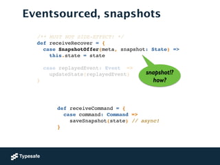 Eventsourced, snapshots
def receiveCommand = {!
case command: Command =>!
saveSnapshot(state) // async!!
}
/** MUST NOT SIDE-EFFECT! */!
def receiveRecover = {!
case SnapshotOffer(meta, snapshot: State) => !
this.state = state!
!
case replayedEvent: Event => !
updateState(replayedEvent)!
}
snapshot!?
how?
 