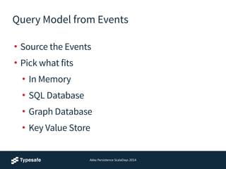 Query Model from Events
• Source the Events
• Pick what fits
• In Memory
• SQL Database
• Graph Database
• Key Value Store
Akka	
  Persistence	
  ScalaDays	
  2014
 