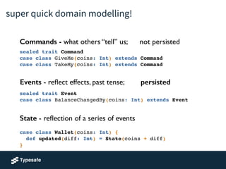 super quick domain modelling!
sealed trait Command!
case class GiveMe(coins: Int) extends Command!
case class TakeMy(coins: Int) extends Command
Commands - what others “tell” us; not persisted
case class Wallet(coins: Int) {!
def updated(diff: Int) = State(coins + diff)!
}
State - reﬂection of a series of events
sealed trait Event!
case class BalanceChangedBy(coins: Int) extends Event!
Events - reﬂect effects, past tense; persisted
 