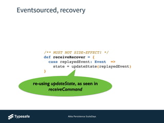 Eventsourced, recovery
/** MUST NOT SIDE-EFFECT! */!
def receiveRecover = {!
case replayedEvent: Event => !
state = updateState(replayedEvent)!
}
re-using updateState, as seen in
receiveCommand
Akka	
  Persistence	
  ScalaDays
 
