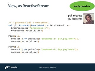 View, as ReactiveStream
// 1 producer and 2 consumers:!
val p1: Producer[Persistent] = PersistentFlow.!
fromProcessor(“processor-1").!
toProducer(materializer)!
!
Flow(p1).!
foreach(p => println(s"consumer-1: ${p.payload}”)).!
consume(materializer)!
!
Flow(p1).!
foreach(p => println(s"consumer-2: ${p.payload}”)).!
consume(materializer)
pull request 	

by krasserm
early preview
Akka	
  Persistence	
  ScalaDays
 