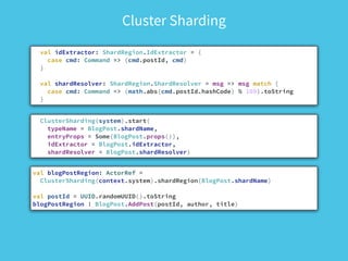 Cluster Sharding
val idExtractor: ShardRegion.IdExtractor = {
case cmd: Command => (cmd.postId, cmd)
}
!
val shardResolver: ShardRegion.ShardResolver = msg => msg match {
case cmd: Command => (math.abs(cmd.postId.hashCode) % 100).toString
}
ClusterSharding(system).start(
typeName = BlogPost.shardName,
entryProps = Some(BlogPost.props()),
idExtractor = BlogPost.idExtractor,
shardResolver = BlogPost.shardResolver)
val blogPostRegion: ActorRef =  
ClusterSharding(context.system).shardRegion(BlogPost.shardName)
!
val postId = UUID.randomUUID().toString
blogPostRegion ! BlogPost.AddPost(postId, author, title)
 