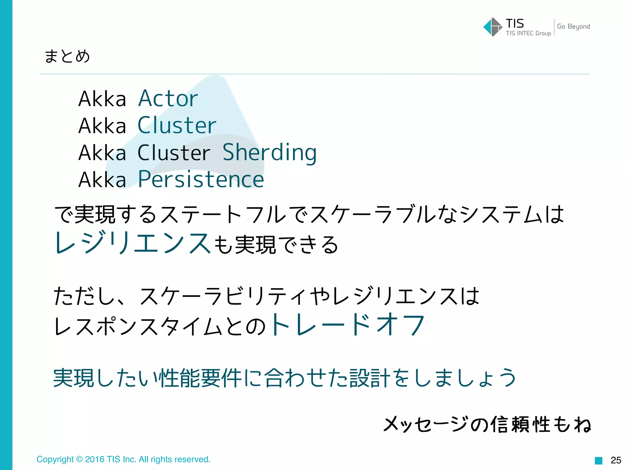 Copyright © 2016 TIS Inc. All rights reserved.
まとめ
25
で実現するステートフルでスケーラブルなシステムは
レジリエンスも実現できる
ただし、スケーラビリティやレジリエンスは
レスポンスタイムとのトレードオフ
実現したい性能要件に合わせた設計をしましょう
メッセージの信頼性もね
Akka Actor
Akka Cluster
Akka Cluster Sharding
Akka Persistence
 