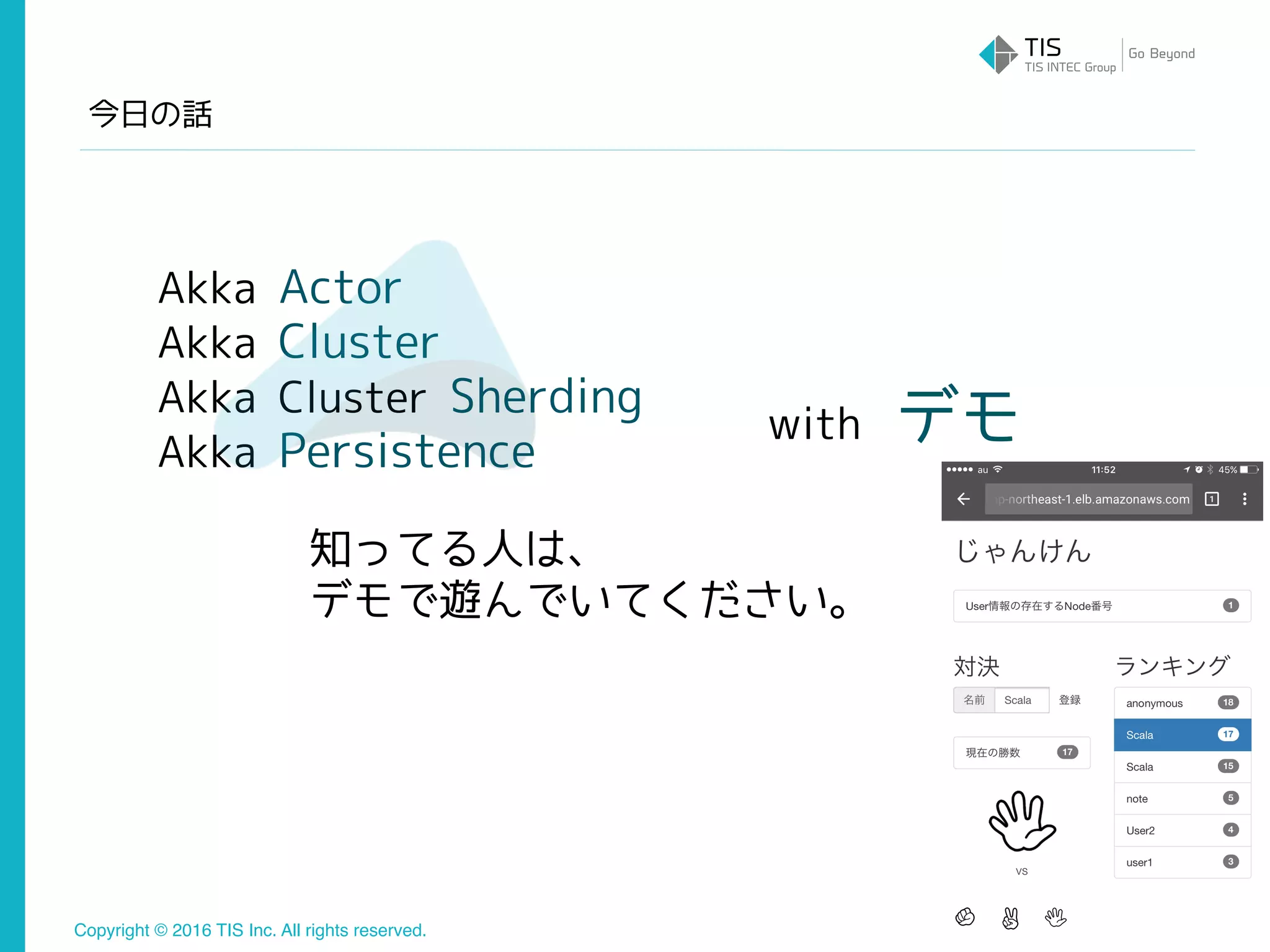 Copyright © 2016 TIS Inc. All rights reserved. 3
今日の話
Akka Actor
Akka Cluster
Akka Cluster Sharding
Akka Persistence
with デモ
知ってる人は、
デモで遊んでいてください。
 
