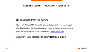 2 2
No response from the server
“Currently Akka HTTP doesn’t implement client-side request timeout
checking itself as this functionality can be regarded as a more general
purpose streaming infrastructure feature.” (akka http docs)
Solution: Use an explicit xxxTimeout stage
LESSONS LEARNT — AKKA-HT TP CLIENTS (2)
 