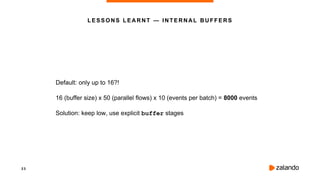 2 3
Default: only up to 16?!
16 (buffer size) x 50 (parallel flows) x 10 (events per batch) = 8000 events
Solution: keep low, use explicit buffer stages
LESSONS LEARNT — INTERNAL BUFFERS
 