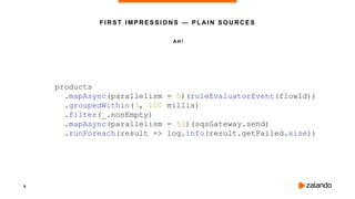 8
A H !
FIRST IMPRESSIONS — PLAIN SOURCES
products
.mapAsync(parallelism = 5)(ruleEvaluatorEvent(flowId))
.groupedWithin(3, 100 millis)
.filter(_.nonEmpty)
.mapAsync(parallelism = 50)(sqsGateway.send)
.runForeach(result => log.info(result.getFailed.size))
 