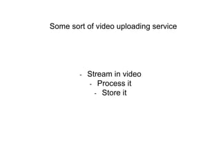 Some sort of video uploading service
- Stream in video
- Process it
- Store it
 
