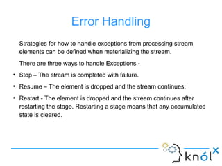 Error Handling
Strategies for how to handle exceptions from processing stream
elements can be defined when materializing the stream.
There are three ways to handle Exceptions -
●
Stop – The stream is completed with failure.
●
Resume – The element is dropped and the stream continues.
●
Restart - The element is dropped and the stream continues after
restarting the stage. Restarting a stage means that any accumulated
state is cleared.
 