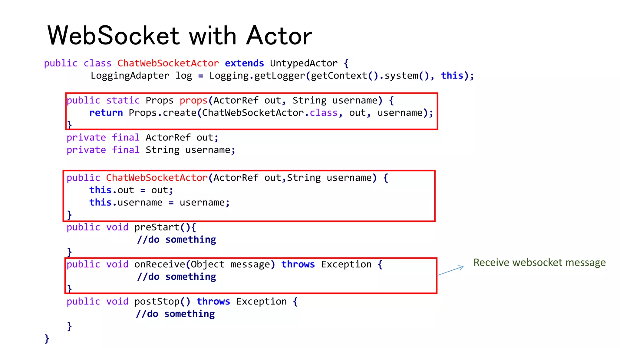 public class ChatWebSocketActor extends UntypedActor {
LoggingAdapter log = Logging.getLogger(getContext().system(), this);
public static Props props(ActorRef out, String username) {
return Props.create(ChatWebSocketActor.class, out, username);
}
private final ActorRef out;
private final String username;
public ChatWebSocketActor(ActorRef out,String username) {
this.out = out;
this.username = username;
}
public void preStart(){
//do something
}
public void onReceive(Object message) throws Exception {
//do something
}
public void postStop() throws Exception {
//do something
}
}
WebSocket with Actor
Receive websocket message
 