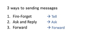 3 ways to sending messages
1. Fire-Forget
2. Ask and Reply
3. Forward
 Tell
 Ask
 Forward
 