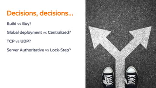 Decisions, decisions...
Build vs Buy?
Global deployment vs Centralized?
TCP vs UDP?
Server Authoritative vs Lock-Step?
 