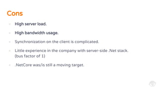 Cons
● High server load.
● High bandwidth usage.
● Synchronization on the client is complicated.
● Little experience in the company with server-side .Net stack.
(bus factor of 1)
● .NetCore was/is still a moving target.
 