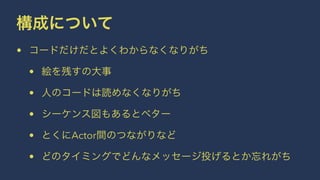 構成について 
• コードだけだとよくわからなくなりがち 
• 絵を残すの大事 
• 人のコードは読めなくなりがち 
• シーケンス図もあるとベター 
• とくにActor間のつながりなど 
• どのタイミングでどんなメッセージ投げるとか忘れがち 
 