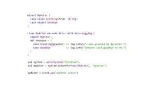 object MyActor {
case class Greeting(from: String)
case object Goodbye
}
class MyActor extends Actor with ActorLogging {
i...