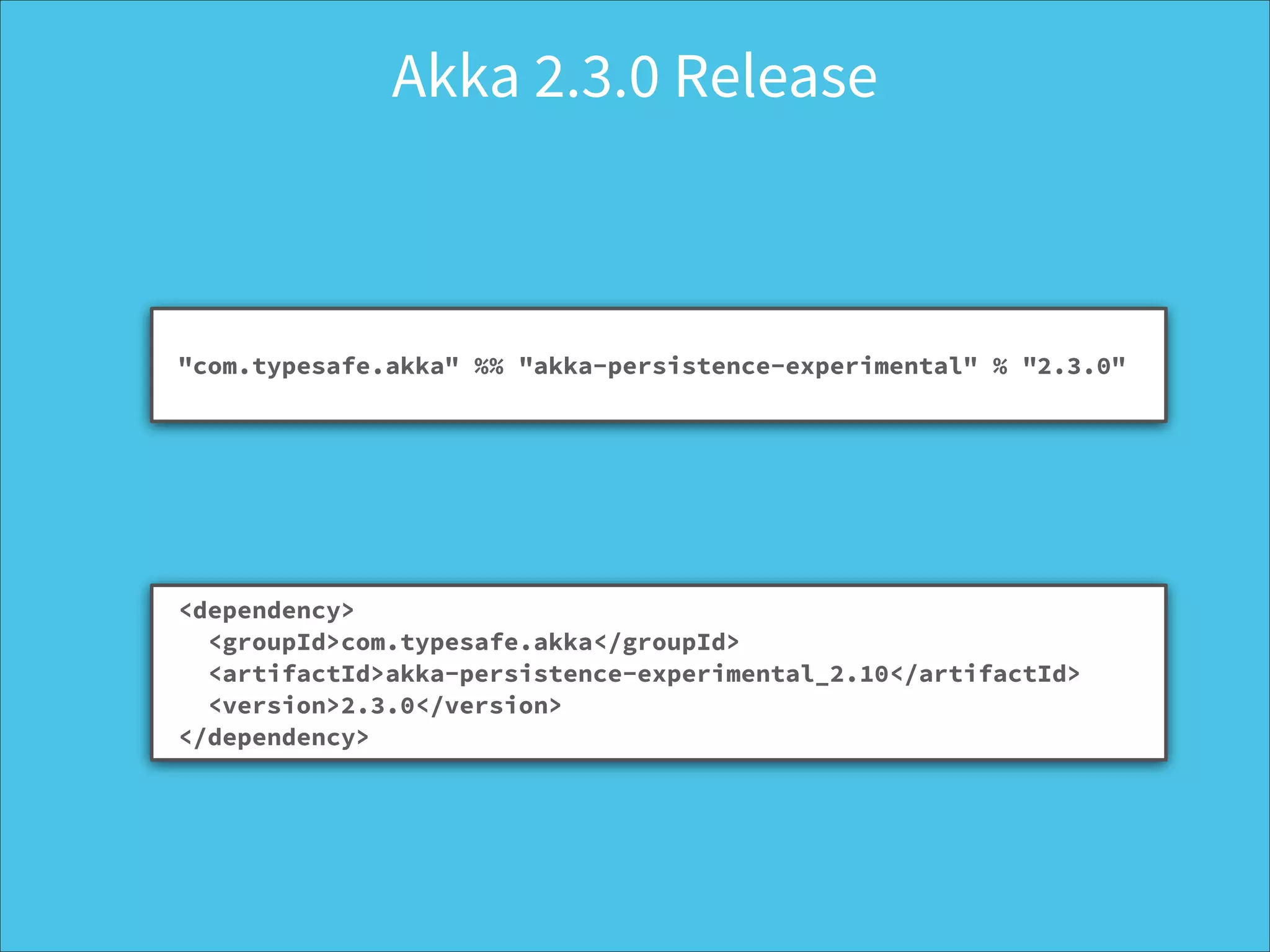 Akka 2.3.0 Release
 
"com.typesafe.akka" %% "akka-persistence-experimental" % "2.3.0" 
<dependency>
<groupId>com.typesafe.akka</groupId>
<artifactId>akka-persistence-experimental_2.10</artifactId>
<version>2.3.0</version>
</dependency>
 