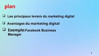  Les principaux leviers du marketing digital
 Avantages du marketing digital
 Exemple:Facebook Business
Manager
plan
1
 