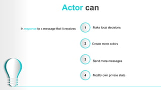 Actor can
Make local decisions
Create more actors
Send more messages
Modify own private state
In response to a message that it receives 1
2
3
4
 
