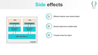 Side effects
1
2
3
Different objects uses shared object.
Shared object has mutable state.
Threads share the object
 