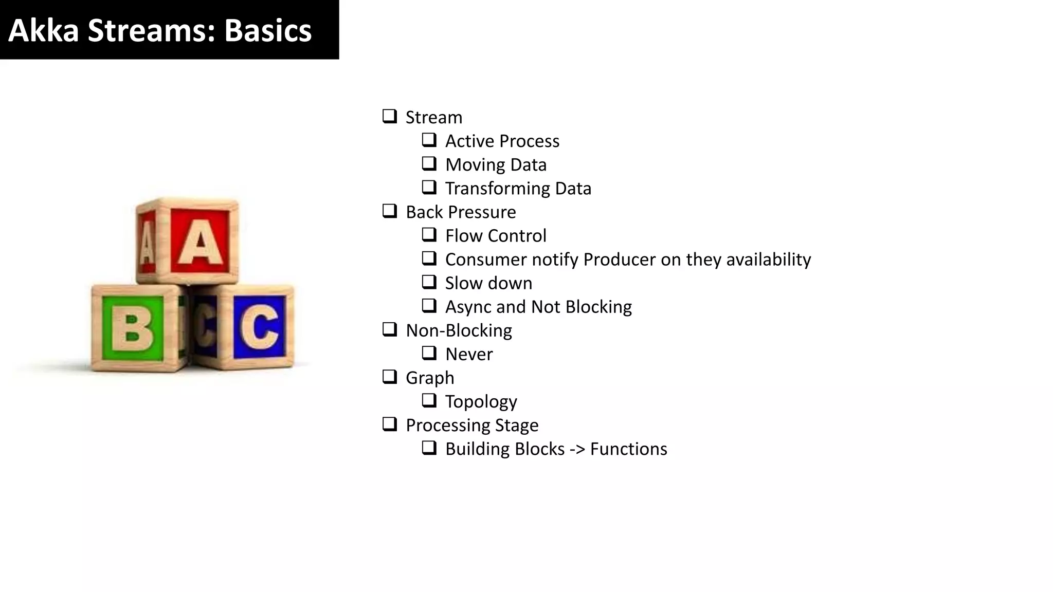 Akka Streams: Basics
Stream
Active Process
Moving Data
Transforming Data
Back Pressure
Flow Control
Consumer notify Producer on they availability
Slow down
Async and Not Blocking
Non-Blocking
Never
Graph
Topology
Processing Stage
Building Blocks -> Functions