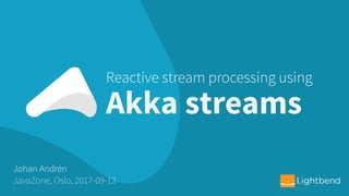 Akka streams
Johan Andrén
JavaZone, Oslo, 2017-09-13
Reactive stream processing using
 