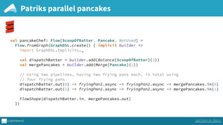 Patriks parallel pancakes
val pancakeChef: Flow[ScoopOfBatter, Pancake, NotUsed] = 
Flow.fromGraph(GraphDSL.create() { implicit builder => 
import GraphDSL.Implicits._
 
val dispatchBatter = builder.add(Balance[ScoopOfBatter](2)) 
val mergePancakes = builder.add(Merge[Pancake](2)) 
 
// Using two pipelines, having two frying pans each, in total using 
// four frying pans 
dispatchBatter.out(0) ~> fryingPan1.async ~> fryingPan2.async ~> mergePancakes.in(0) 
dispatchBatter.out(1) ~> fryingPan1.async ~> fryingPan2.async ~> mergePancakes.in(1) 
 
FlowShape(dispatchBatter.in, mergePancakes.out) 
})
section in docs
 