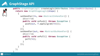 public FlowShape<A,B> shape() { 
return shape; 
} 
public GraphStageLogic createLogic(Attributes inheritedAttributes) { 
return new GraphStageLogic(shape) { 
{ 
setHandler(in, new AbstractInHandler() { 
@Override 
public void onPush() throws Exception { 
push(out, f.apply(grab(in))); 
} 
}); 
setHandler(out, new AbstractOutHandler() { 
@Override 
public void onPull() throws Exception { 
pull(in); 
} 
}); 
} 
}; 
} 
}
GraphStage API
complete sources on github
 