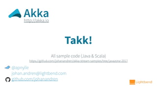 Takk!
@apnylle
johan.andren@lightbend.com
github.com/johanandren
All sample code (Java & Scala)
https://github.com/johanandren/akka-stream-samples/tree/javazone-2017
http://akka.io
Akka
 