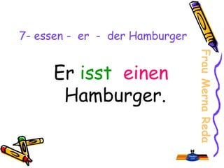 7- essen - er - der Hamburger
Er isst einen
Hamburger.
Frau
Merna
Reda
 