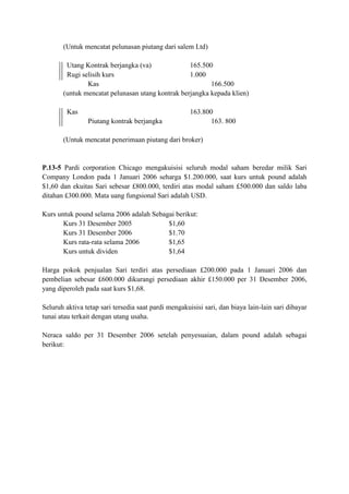 (Untuk mencatat pelunasan piutang dari salem Ltd)

        Utang Kontrak berjangka (va)              165.500
        Rugi selisih kurs                         1.000
               Kas                                       166.500
       (untuk mencatat pelunasan utang kontrak berjangka kepada klien)

         Kas                                          163.800
                Piutang kontrak berjangka                    163. 800

       (Untuk mencatat penerimaan piutang dari broker)


P.13-5 Pardi corporation Chicago mengakuisisi seluruh modal saham beredar milik Sari
Company London pada 1 Januari 2006 seharga $1.200.000, saat kurs untuk pound adalah
$1,60 dan ekuitas Sari sebesar £800.000, terdiri atas modal saham £500.000 dan saldo laba
ditahan £300.000. Mata uang fungsional Sari adalah USD.

Kurs untuk pound selama 2006 adalah Sebagai berikut:
       Kurs 31 Desember 2005             $1,60
       Kurs 31 Desember 2006             $1.70
       Kurs rata-rata selama 2006        $1,65
       Kurs untuk dividen                $1,64

Harga pokok penjualan Sari terdiri atas persediaan £200.000 pada 1 Januari 2006 dan
pembelian sebesar £600.000 dikurangi persediaan akhir £150.000 per 31 Desember 2006,
yang diperoleh pada saat kurs $1,68.

Seluruh aktiva tetap sari tersedia saat pardi mengakuisisi sari, dan biaya lain-lain sari dibayar
tunai atau terkait dengan utang usaha.

Neraca saldo per 31 Desember 2006 setelah penyesuaian, dalam pound adalah sebagai
berikut:
 