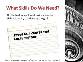 What Skills Do We Need?
On the back of each card, write a few staff
skills necessary to achieving the goal.

http://www.webjunction.org/explore-topics/competencies.html

 
