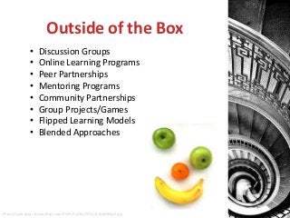 Outside of the Box
•
•
•
•
•
•
•
•

Discussion Groups
Online Learning Programs
Peer Partnerships
Mentoring Programs
Community Partnerships
Group Projects/Games
Flipped Learning Models
Blended Approaches

Photo Credit:http://static.flickr.com/3359/3523627575_b704d966d3.jpg

 