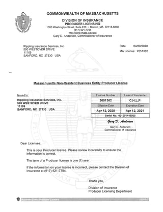 Insurance Producer Number Agency licenses in 50 states and DC | PDF