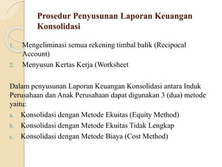 Prosedur Penyusunan Laporan Keuangan
Konsolidasi
1. Mengeliminasi semua rekening timbal balik (Recipocal
Account)
2. Menyusun Kertas Kerja (Worksheet
Dalam penyusunan Laporan Keuangan Konsolidasi antara Induk
Perusahaan dan Anak Perusahaan dapat digunakan 3 (dua) metode
yaitu:
a. Konsolidasi dengan Metode Ekuitas (Equity Method)
b. Konsolidasi dengan Metode Ekuitas Tidak Lengkap
c. Konsolidasi dengan Metode Biaya (Cost Method)
 