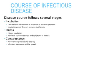 COURSE OF INFECTIOUS
DISEASE
Disease course follows several stages
 Incubation
 Time between introduction of organism to onset of symptoms
 Incubation period depends on numerous factors
 Illness
 Follows incubation
 Individual experiences signs and symptoms of disease
 Convalescence
 Period of recuperation and recovery
 Infectious agents may still be spread
 