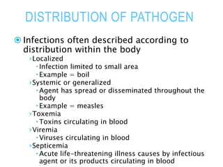 DISTRIBUTION OF PATHOGEN
 Infections often described according to
distribution within the body
›Localized
Infection limited to small area
Example = boil
›Systemic or generalized
Agent has spread or disseminated throughout the
body
Example = measles
›Toxemia
Toxins circulating in blood
›Viremia
Viruses circulating in blood
›Septicemia
Acute life-threatening illness causes by infectious
agent or its products circulating in blood
 
