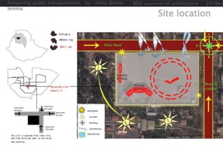 PROPOSED SOLUTIONS
ALTERNETIVE ROAD ACESS
Site location
Enhancing public transportation by : Aklilu Bekele
lemma
BDU department of architecture 2018e.c
 