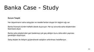 Banka Case - Study
11
Durum Tespiti
Her departmanın saha satışçıları ve reseller’lardan oluşan bir dağıtım ağı var.
Banka finansal ürünleri haftalık olarak duyuruyor. Her ay sonunda saha ekiplerinden
feed-back alıyor.
Banka saha ekiplerinden geri beslemeyi çok geç aldığını bunu daha etkin yapması
gerektiğini düşünüyor.
Satış ekipleri ile iletişimi güçlendirerek satışların arttırılması hedefleniyor.
 
